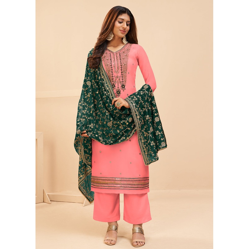 Multi Thread Gajri Pink Georgette Party Wear Salwar Kameez