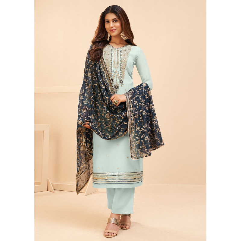 Multi Thread Light Blue Georgette Party Wear Salwar Kameez