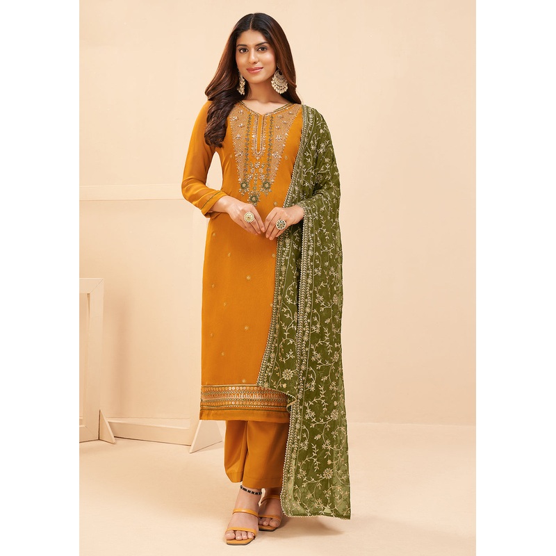 Multi Thread Mustard Yellow Georgette Party Wear Salwar Kameez