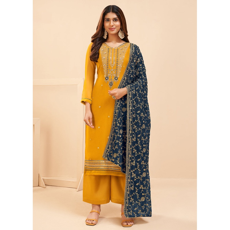 Multi Thread Rich Yellow Georgette Party Wear Salwar Kameez