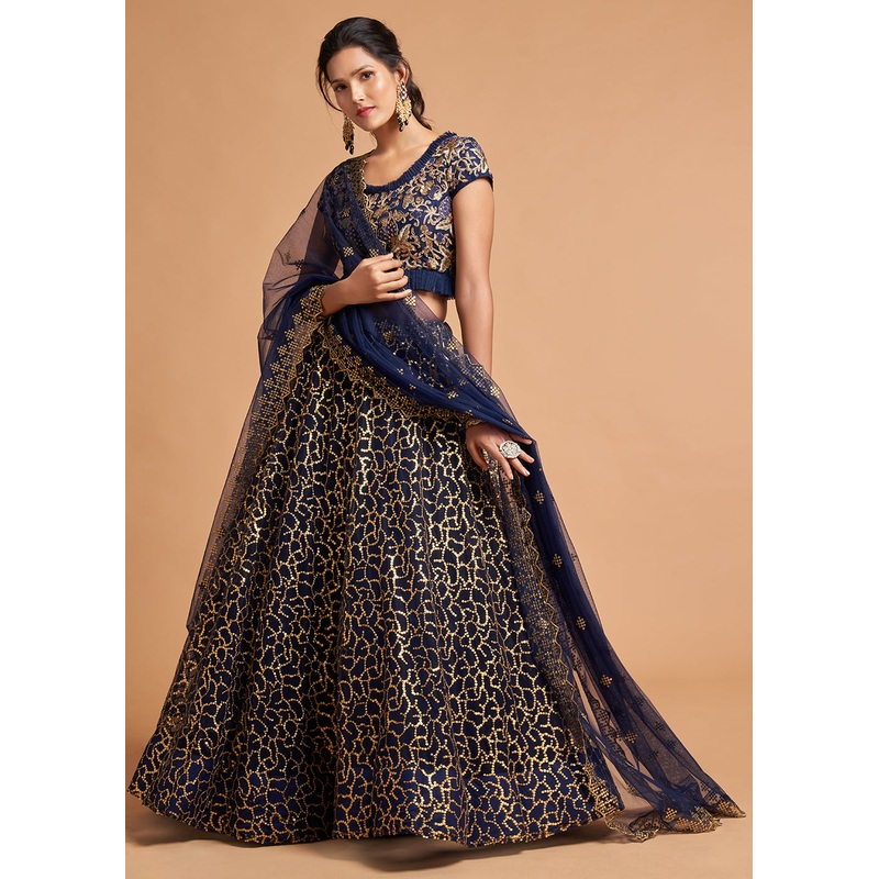Navy Blue Stylish Embroidered A Line Lehenga Choli