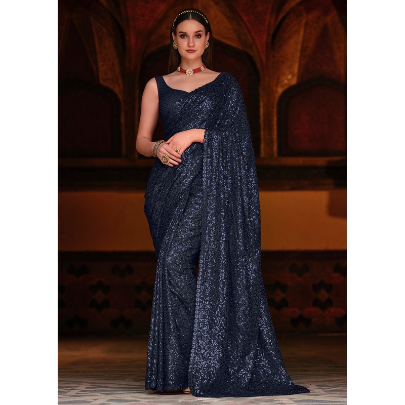 Navy Blue Thread & Sequins Party Wear Designer Saree