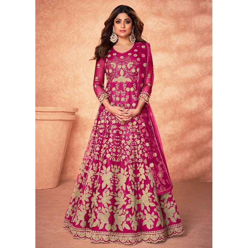 Net Shamita Shetty Hot Pink Beads Work Wedding Anarkali