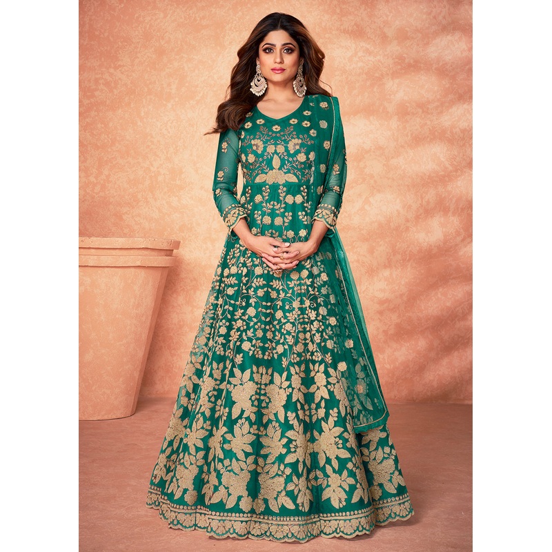 Net Shamita Shetty Teal Green Beads Work Wedding Anarkali