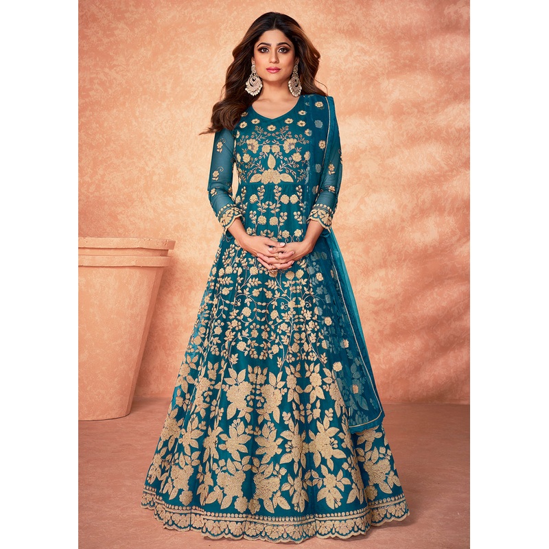 Net Shamita Shetty Turquoise Beads Work Wedding Anarkali