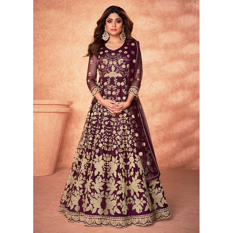 Net Shamita Shetty Wine Beads Work Wedding Anarkali