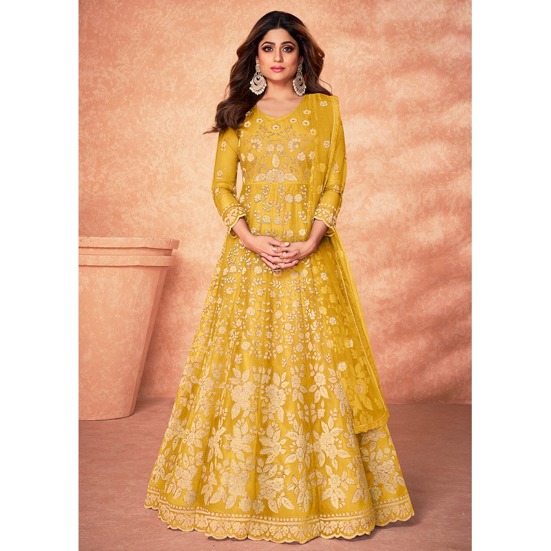 Net Shamita Shetty Yellow Beads Work Wedding Anarkali