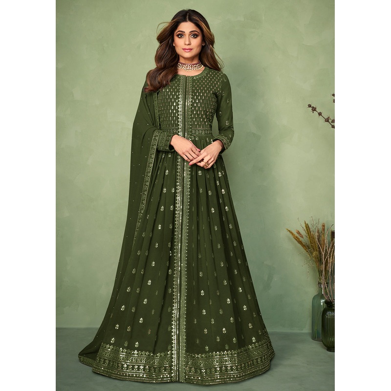 Olive Green Skirt Style Bridesmaids Anarkali Dress