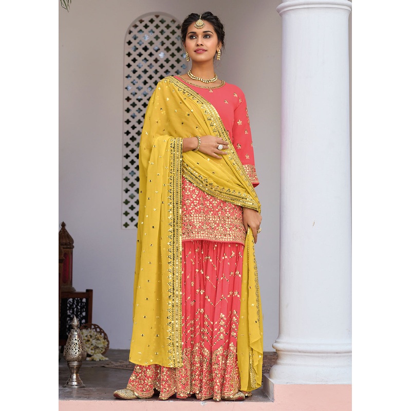 Peach and Gold Embroidered Designer Sharara Suit