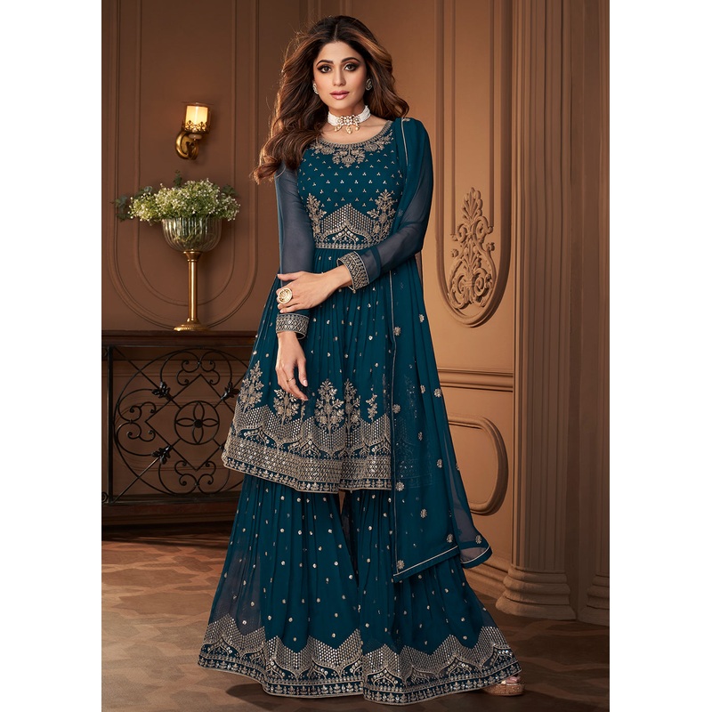 Peplum Designed Blue Embroidered Sharara Suit
