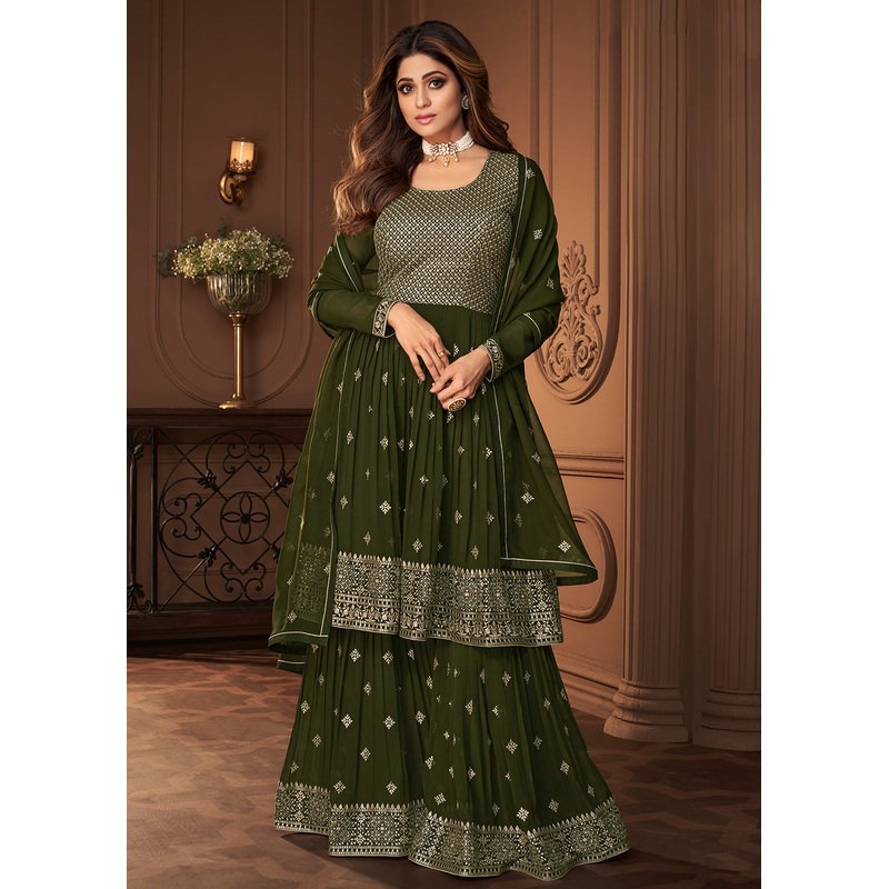 Peplum Designed Green Embroidered Sharara Suit