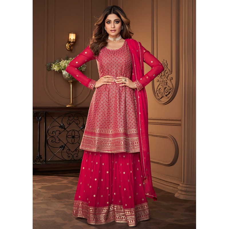 Peplum Designed Pink Embroidered Sharara Suit