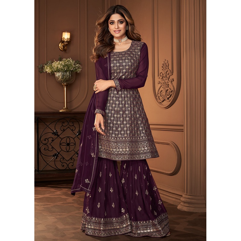 Peplum Designed Purple Embroidered Sharara Suit