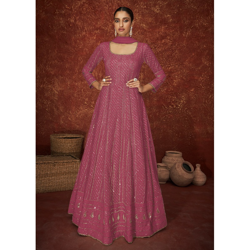 Pink Georgette Long Embroidered Anarkali Suit