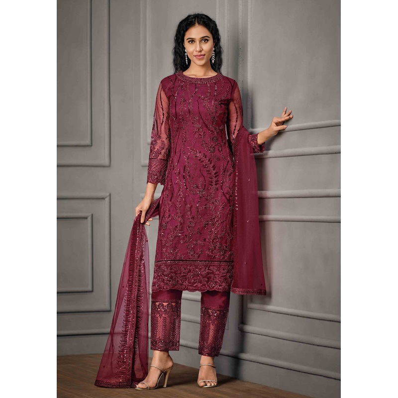 Pinkish Maroon Wedding Wear Net Embroidered Salwar Suit