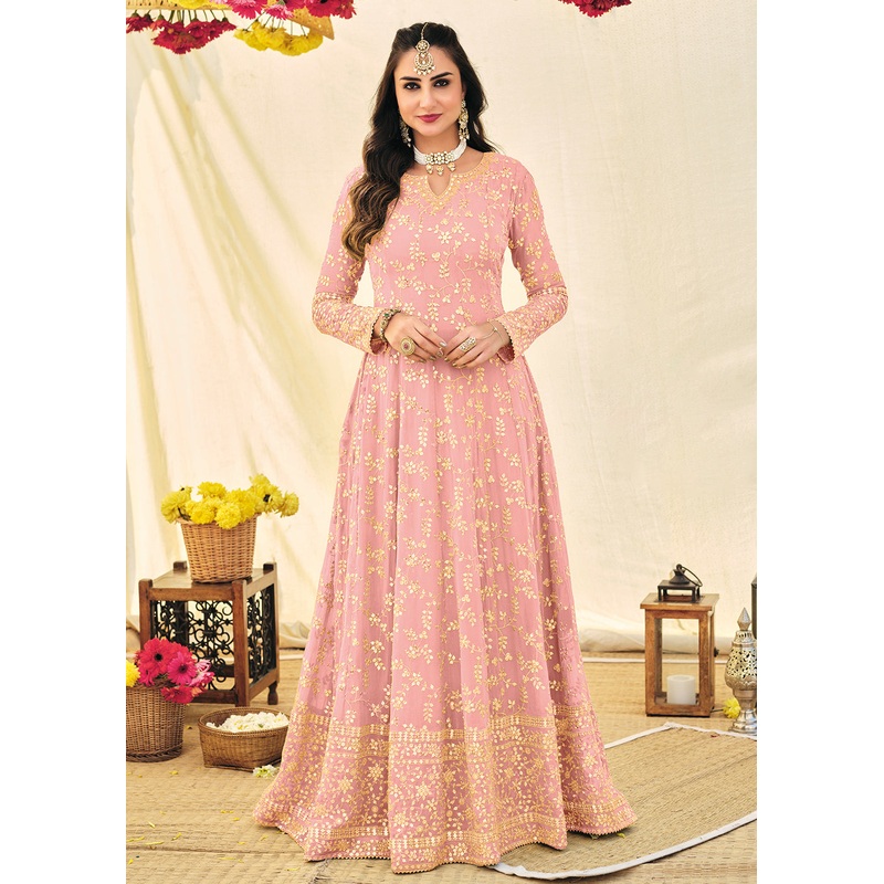 Pinkish Peach Embroidered Georgette Anarkali Suit
