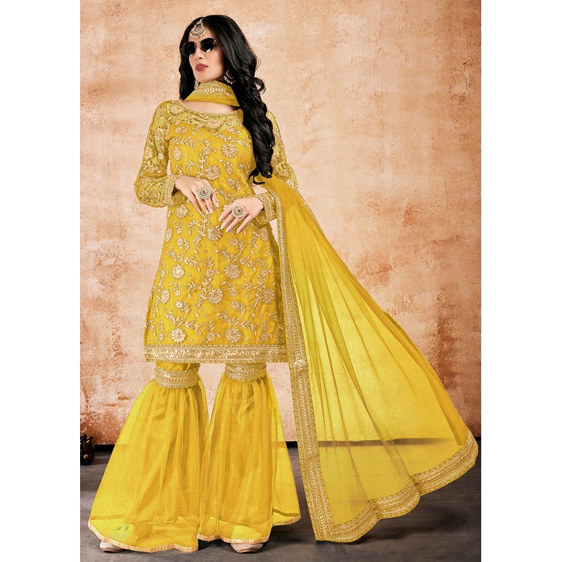 Pleasance Yellow Net Sequins Pakistani Gharara Suit