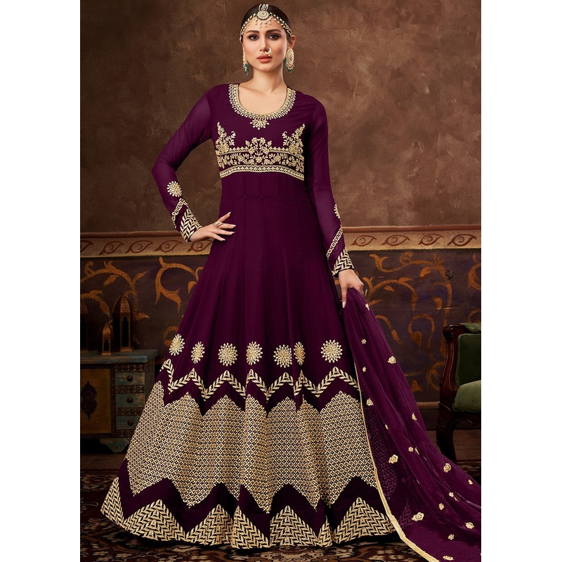 Plum Purple Ghera Detailed Embroidered Designer Anarkali