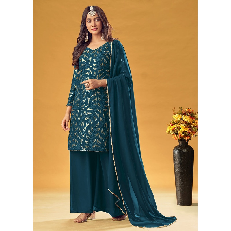 Prussian Blue Gold Embroidered Straight Cut Palazzo Suit