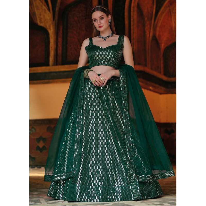Pure Butterfly Net Green Sequins Work Lehenga Choli