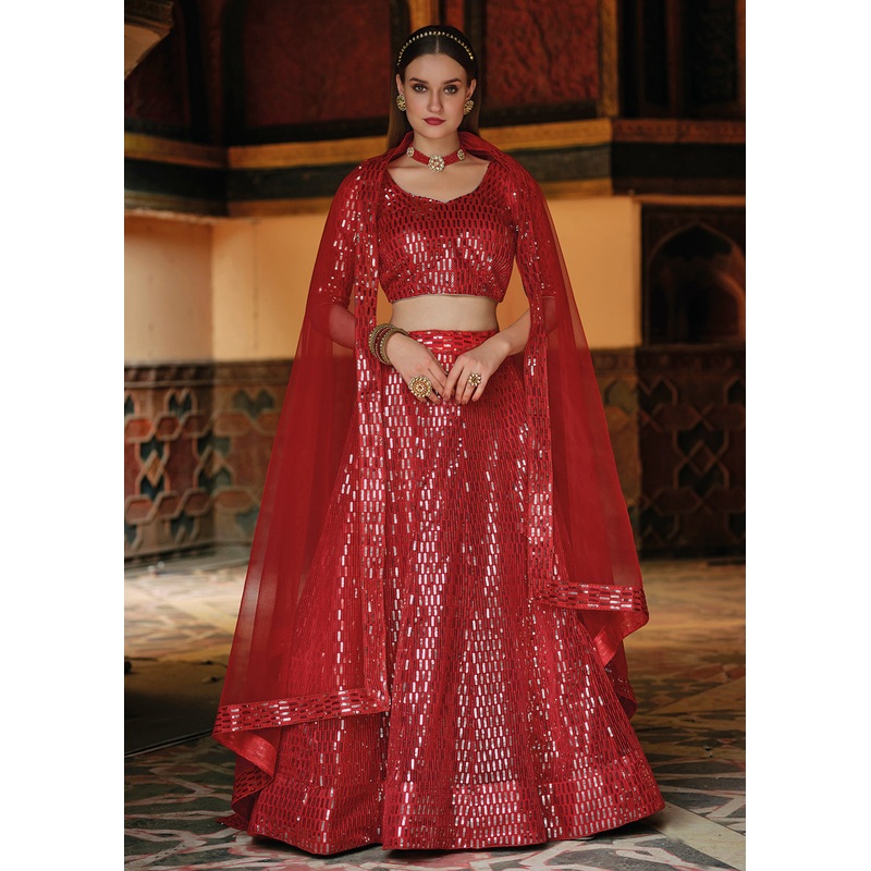 Pure Butterfly Net Red Sequins Work Lehenga Choli