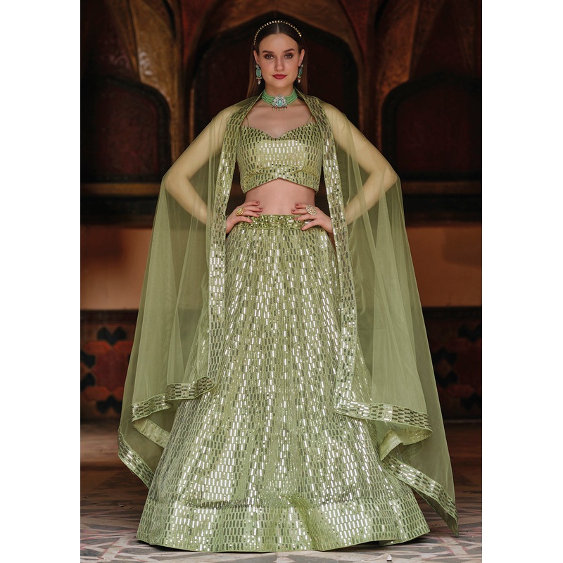 Pure Butterfly Pista Green Sequins Work Lehenga Choli
