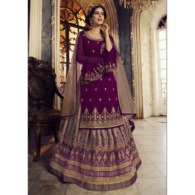 Purple & Beige Lehenga/Pant Style Trendy Suit
