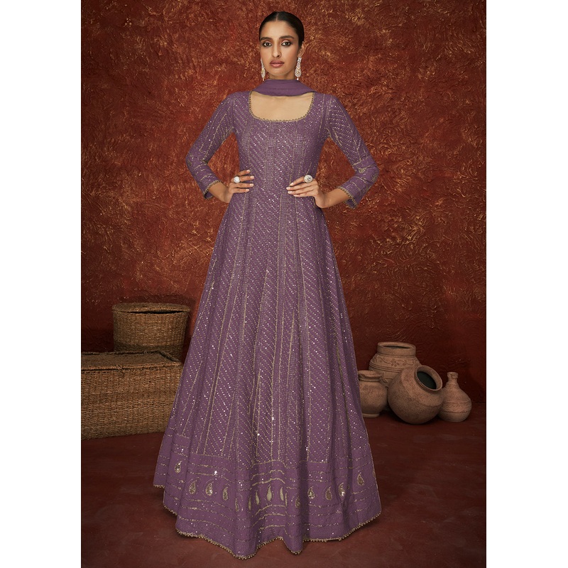 Purple Georgette Long Embroidered Anarkali Suit
