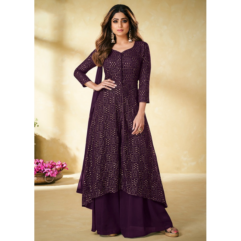 Purple Indian Designer Embroidered Palazzo Suit