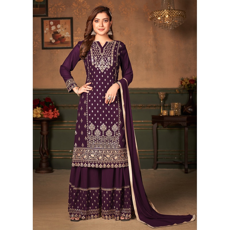 Purple Pakistani Sharara Style Georgette Embroidered Suit