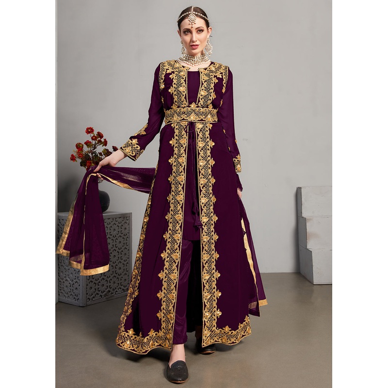 Purple Pant Style Jacket Georgette Anarkali Suit