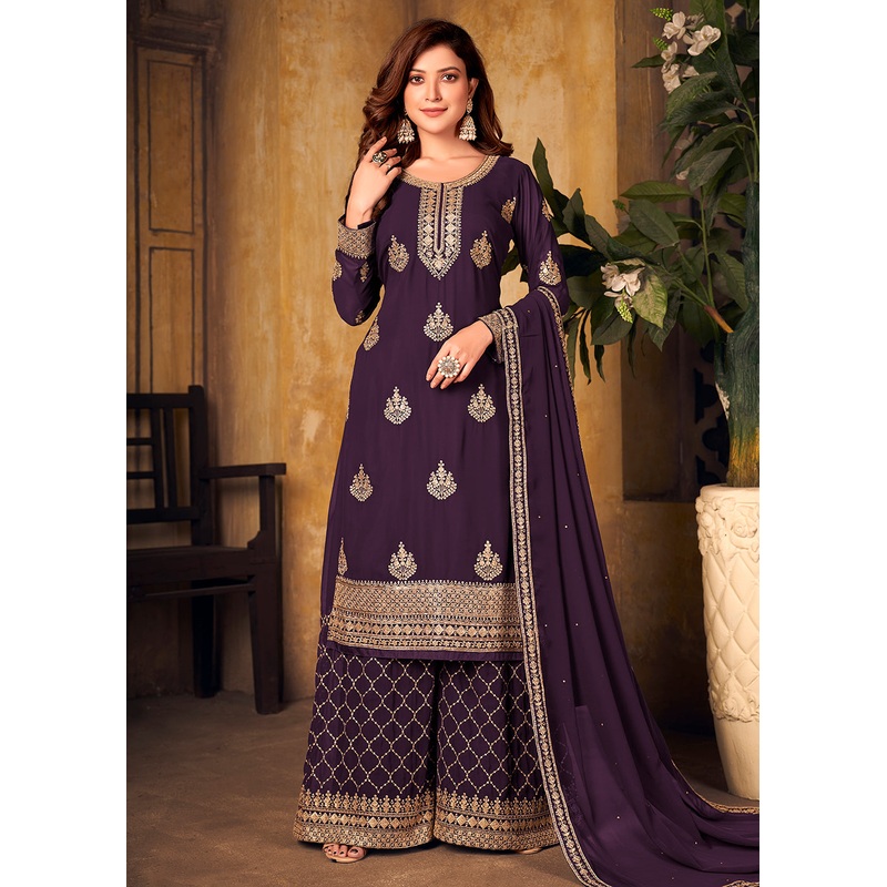Purple Thread & Zari Embroidered Palazzo Suit with Dupatta