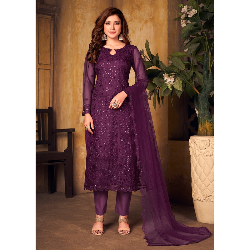 Purple Tone to Tone Embroidered Net Salwar Kameez