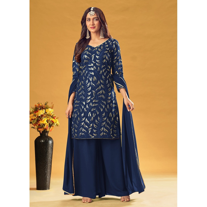 Royal Blue Gold Embroidered Straight Cut Palazzo Suit