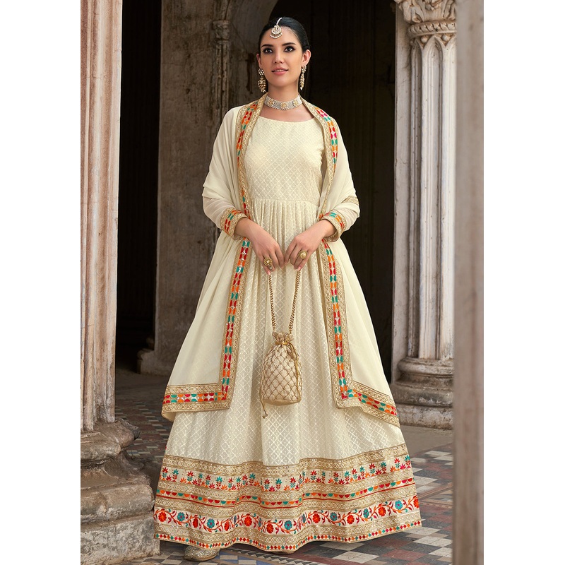 Sequins Embroidered Off White Georgette Traditional Anarkali
