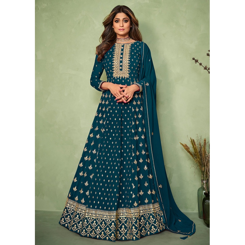 Shamita Shetty Blue Long Floor Length Anarkali Suit