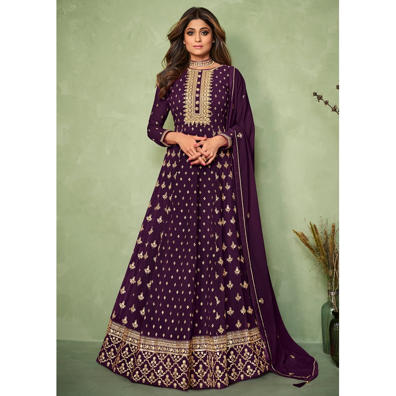 Shamita Shetty Purple Long Floor Length Anarkali Suit