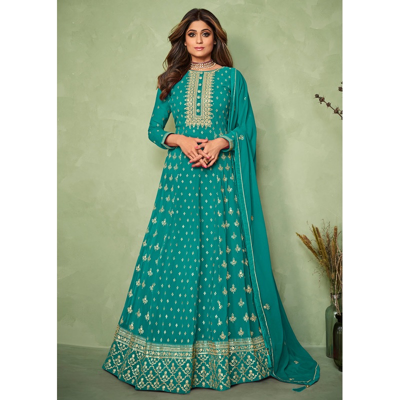 Shamita Shetty Turquoise Long Floor Length Anarkali Suit