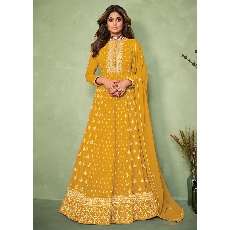 Shamita Shetty Yellow Long Floor Length Anarkali Suit