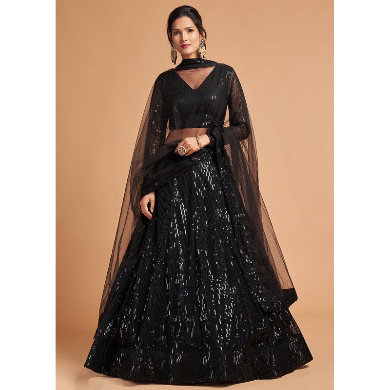 Shiny Black Stylish Embroidered A Line Lehenga Choli