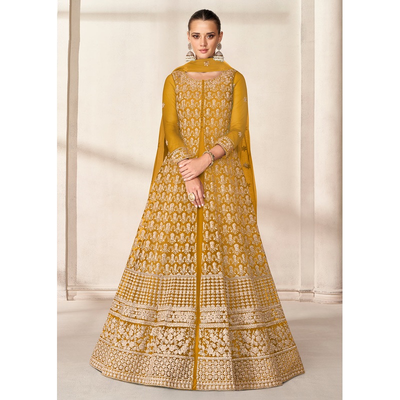Slit Style Adorable Yellow Embordered Festive Party Anarkali