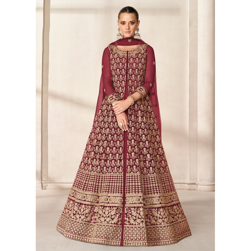 Slit Style Lovely Maroon Embordered Festive Party Anarkali