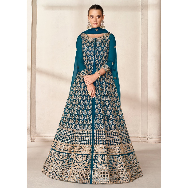Slit Style Teal Blue Embordered Festive Party Anarkali