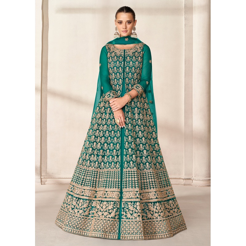Slit Style Teal Green Embordered Festive Party Anarkali