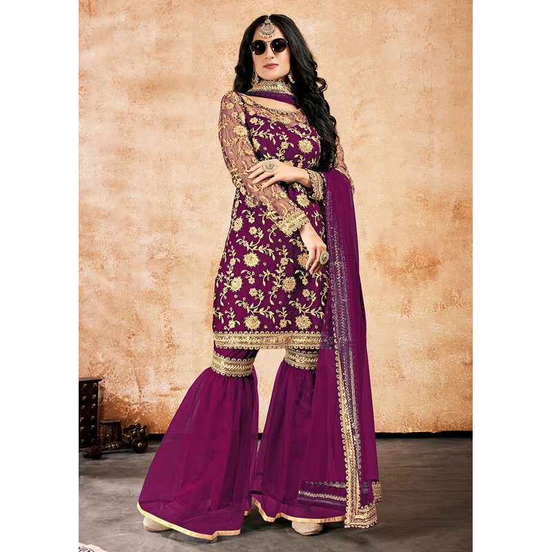 Sober Purple Net Sequins Pakistani Gharara Suit