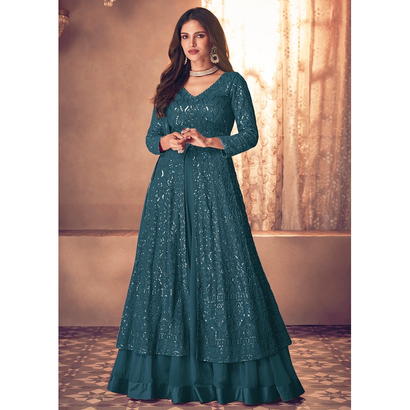 Spectacular Blue Floor Length Sequins Work Anarkali Suit