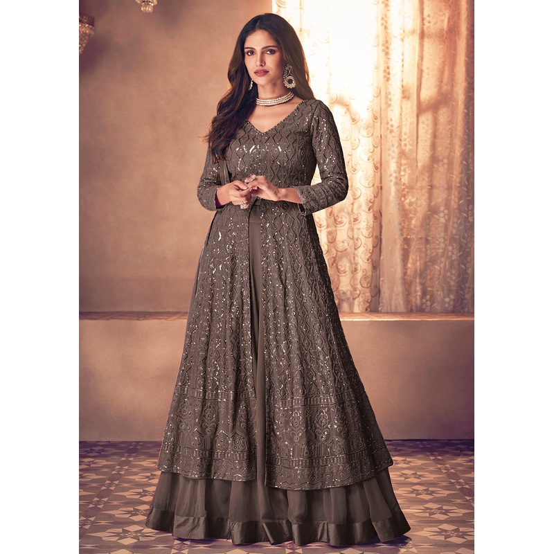 Spectacular Grey Floor Length Sequins Work Anarkali Suit
