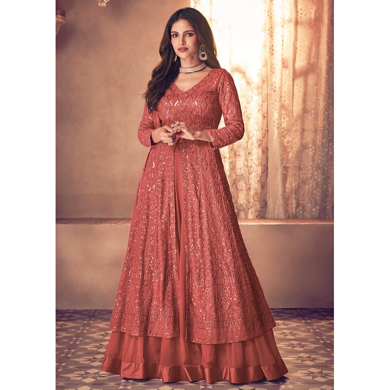 Spectacular Red Floor Length Sequins Work Anarkali Suit