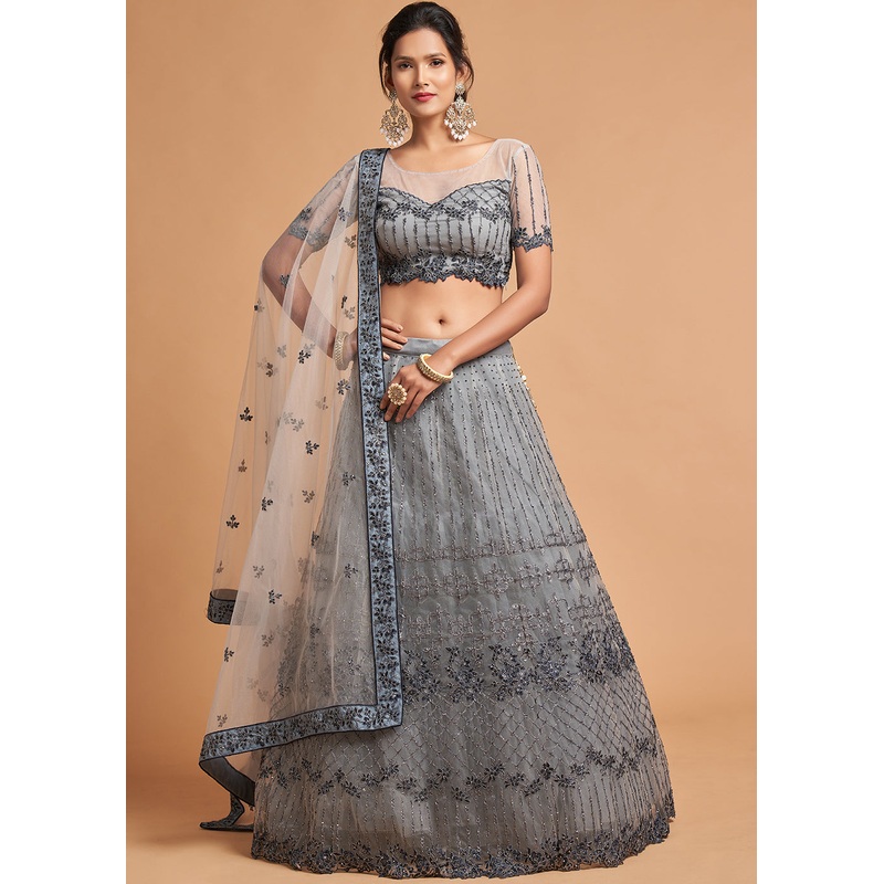 Stone Grey Stylish Embroidered A Line Lehenga Choli