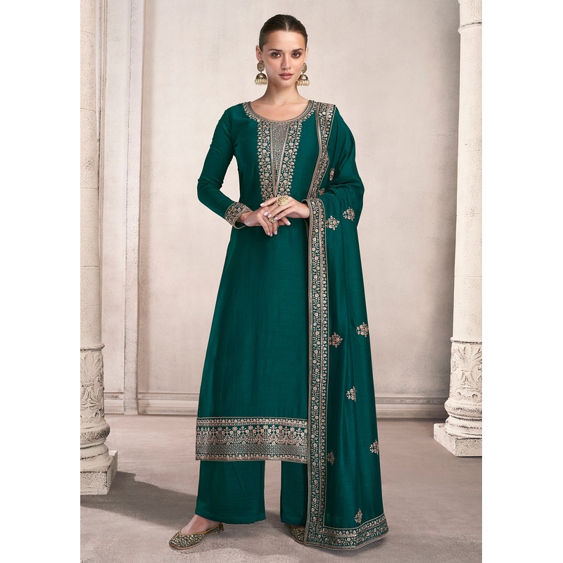 Straight Cut Bottle Green Silk Festive Salwar Kameez